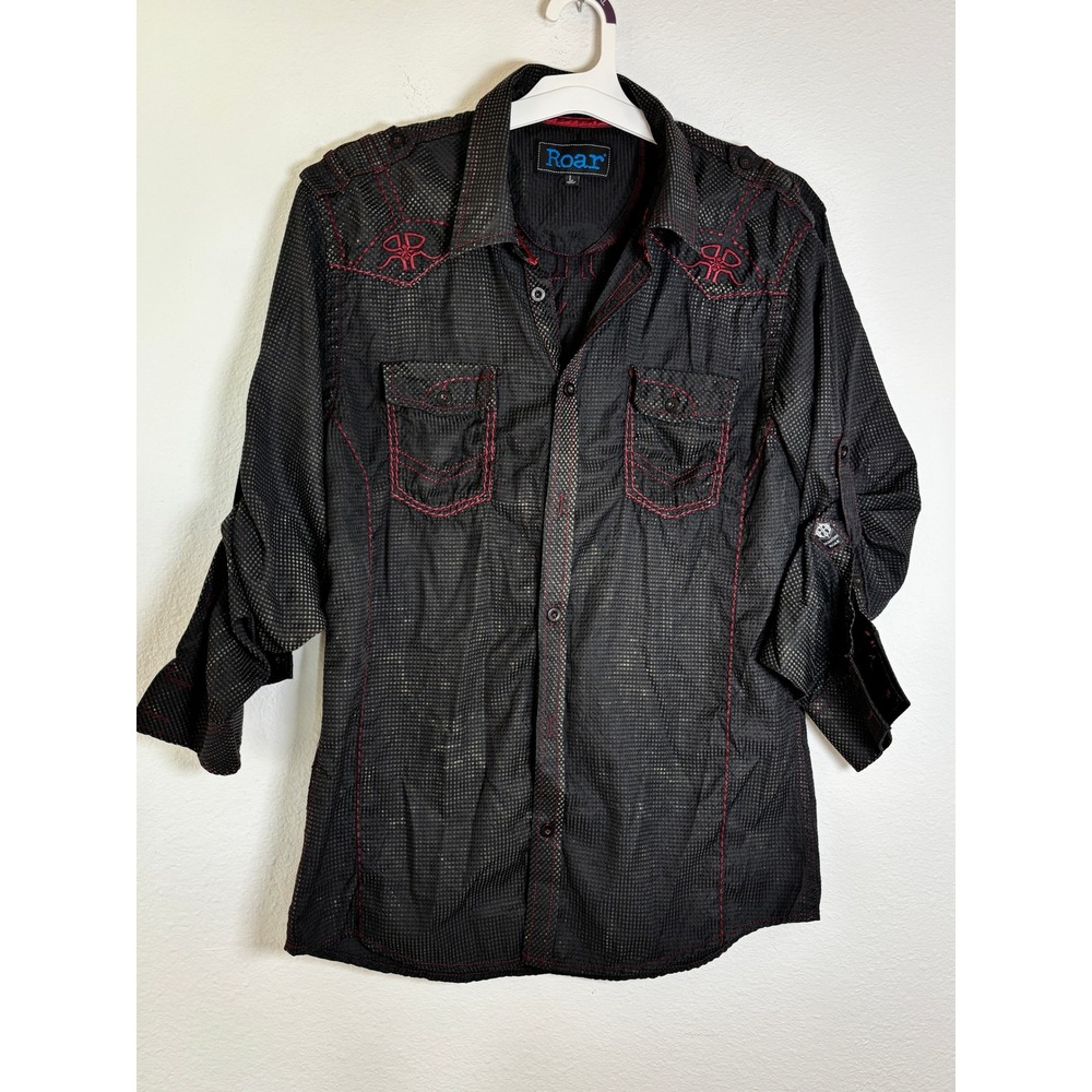 Roar Signature Mens Large Black Red Embroidered Western Button Down Shirt L